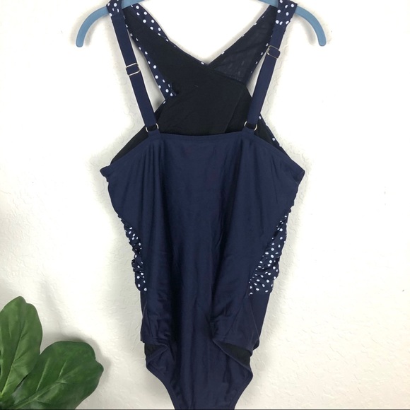 EUC High Neck Wrap One Pc Swimsuit Navy & White - Picture 7 of 8